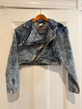 Vintage 80s Cropped Acid-Wash Denim Moto Jacket - Blue